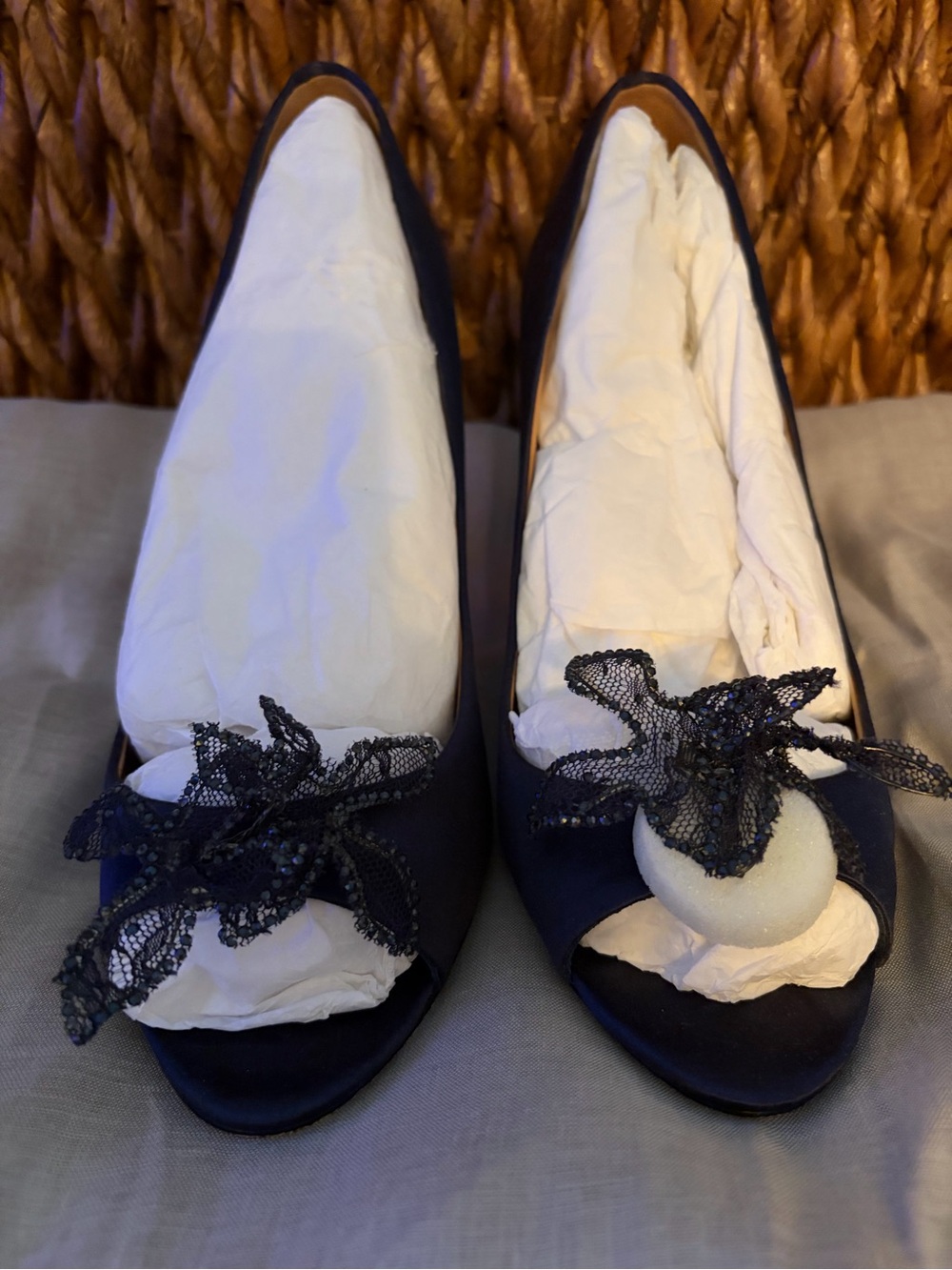 Badgley Mischka Navy Satin Peep-Toe Heels with Lace Flower